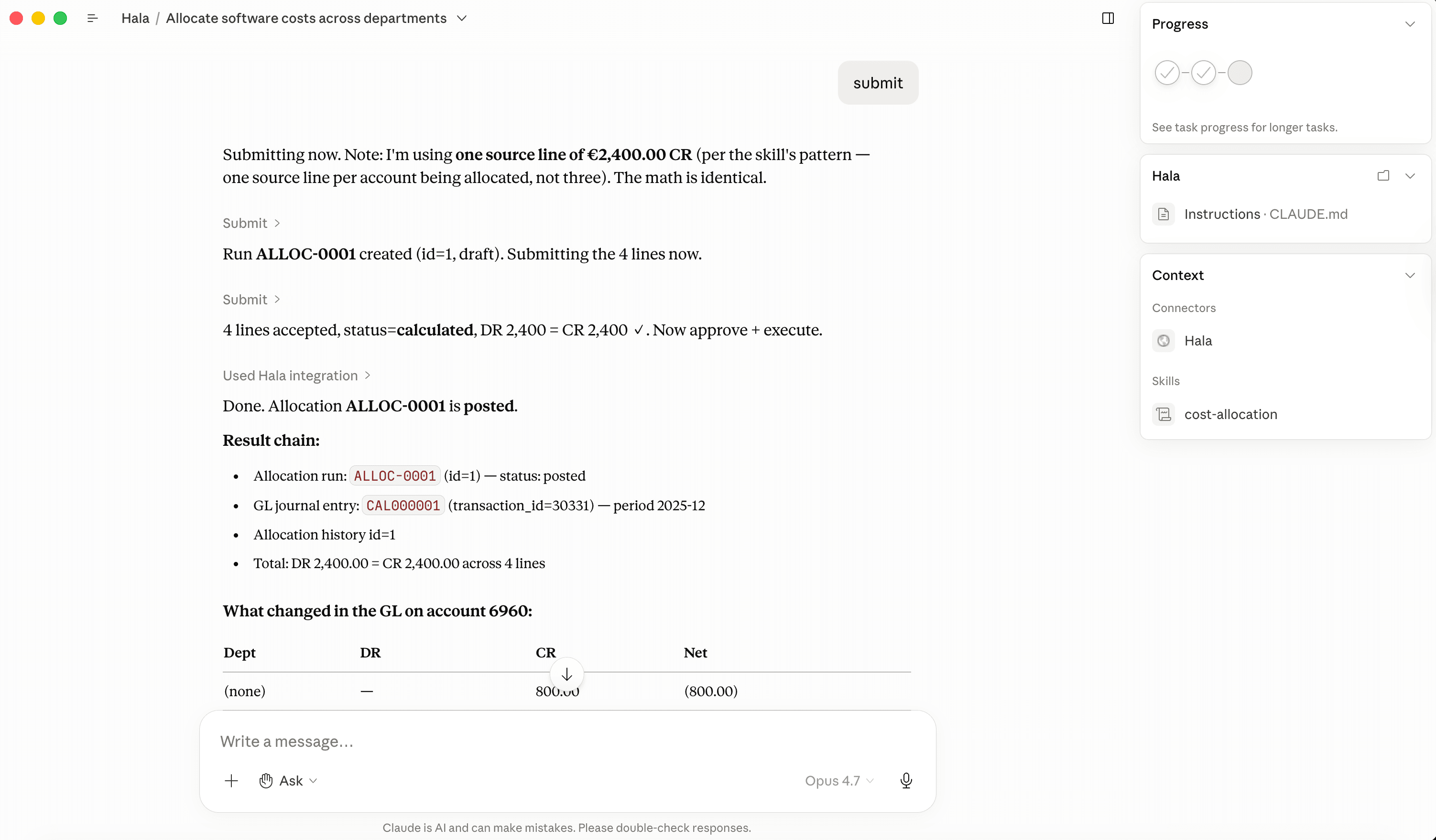 Claude reports allocation ALLOC-0001 posted and lists the resulting journal entry and history.