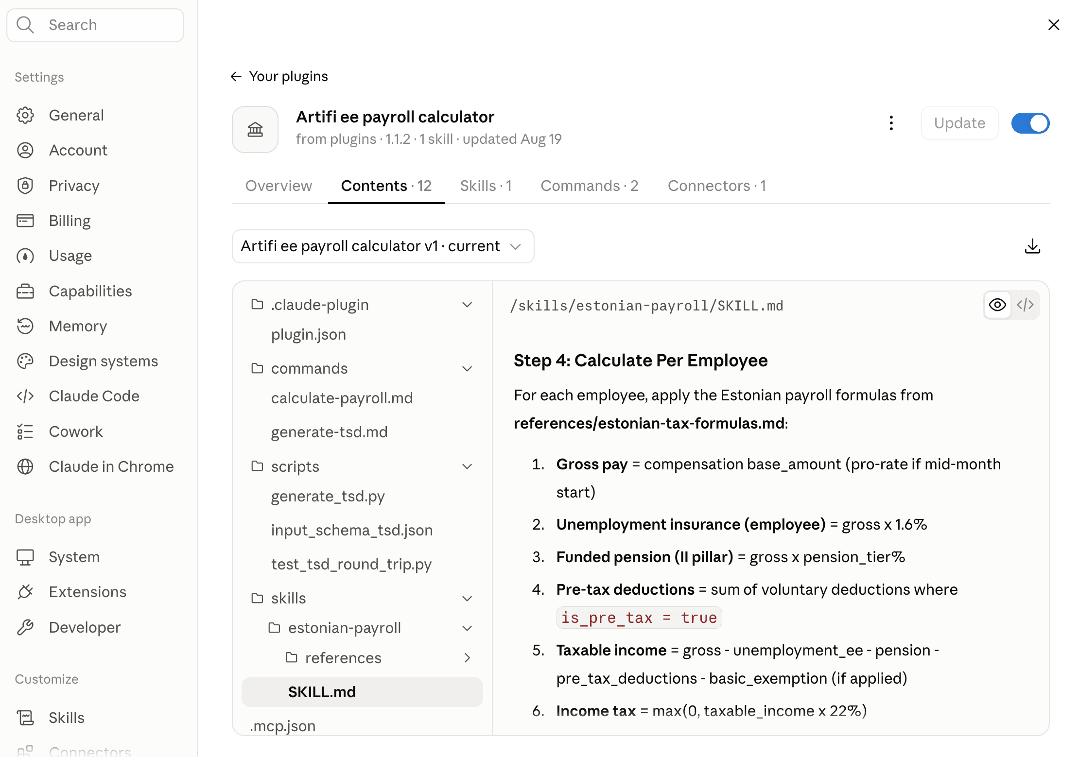 ARTIFI’s payroll skill in Claude: calculate each employee’s gross pay, deductions and net pay.