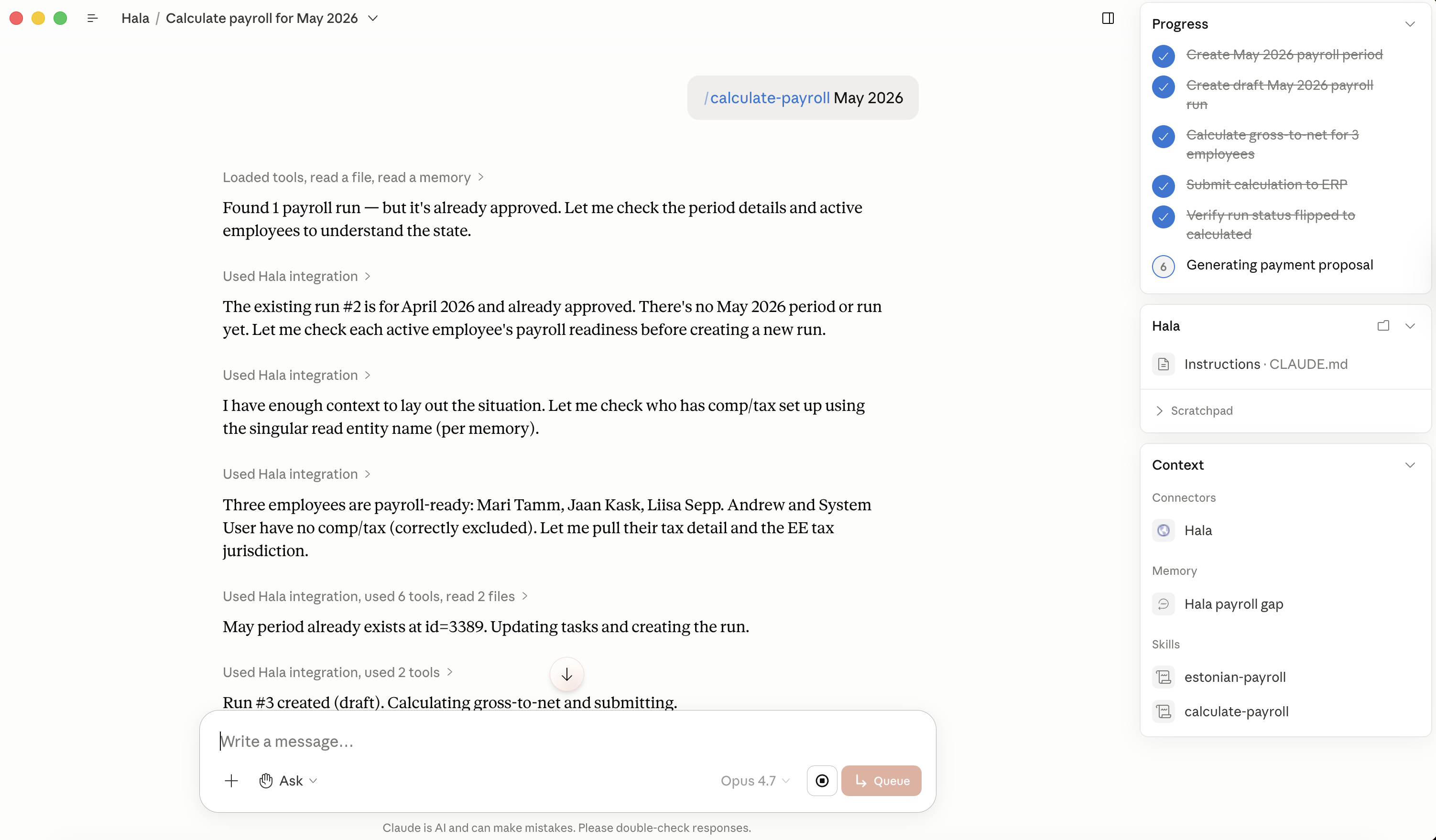 Claude.ai conversation with the prompt 'Calculate payroll for Hala for May 2026' typed