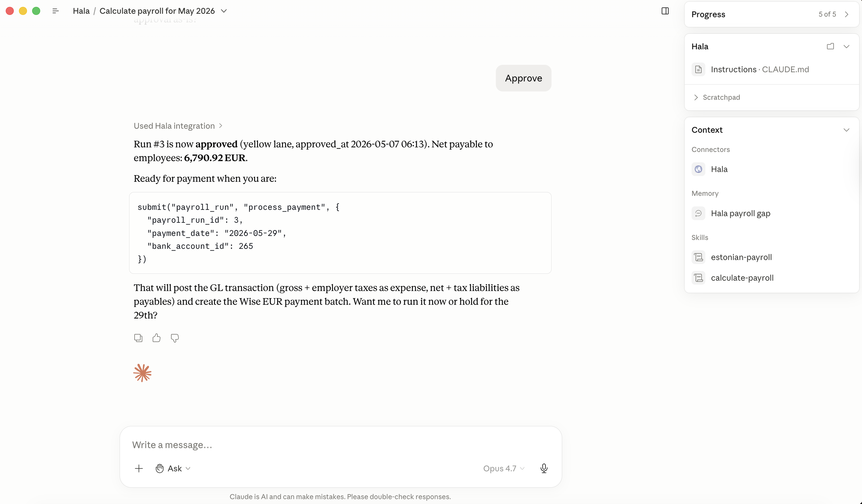 Claude.ai showing run approval, GL posting summary, and the auto-generated submit() call for process_payment