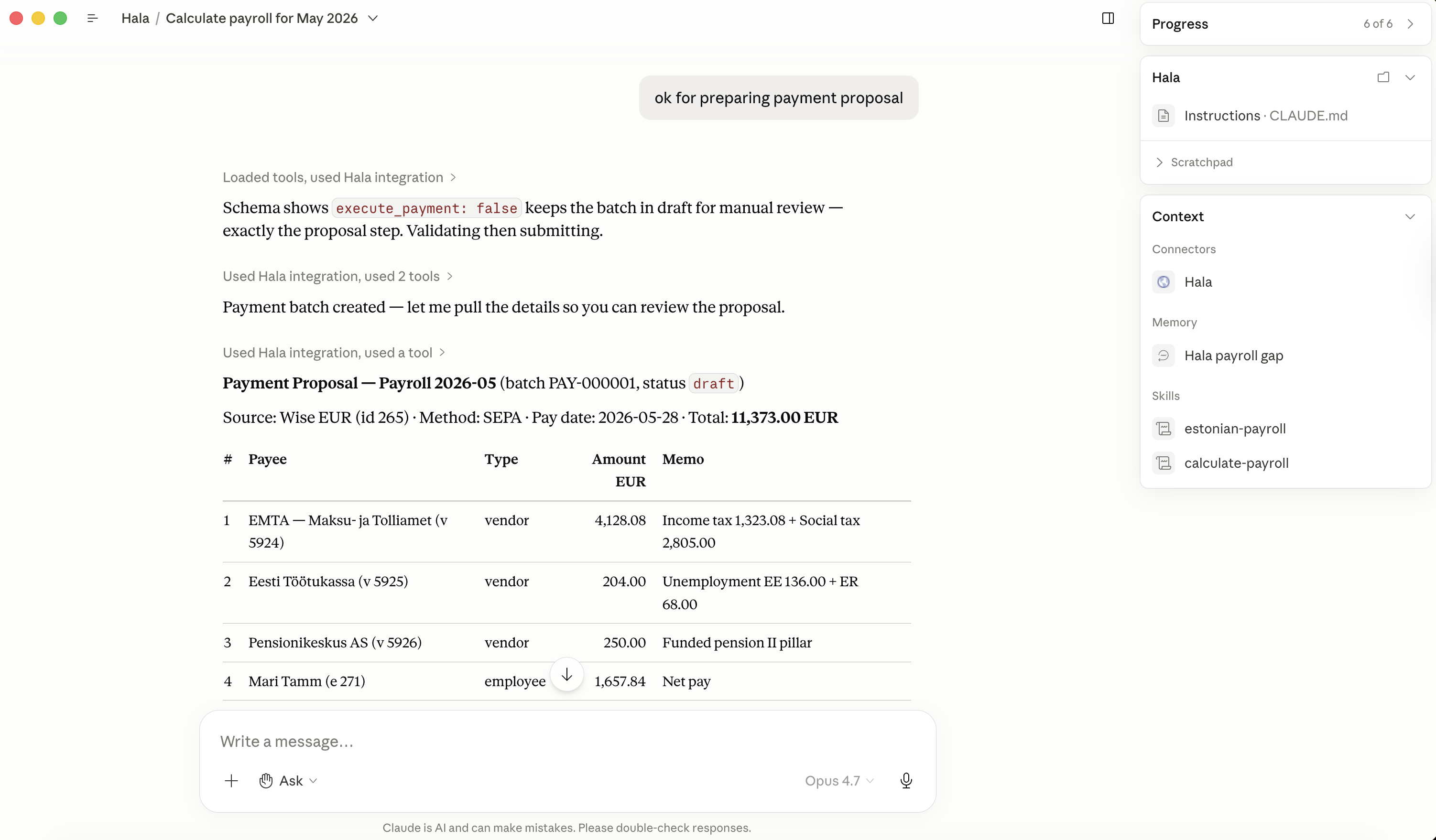 Claude.ai showing the payment-proposal table with EMTA €4,128, Töötukassa €204, Pensionikeskus €250, and the three employees' net-pay amounts