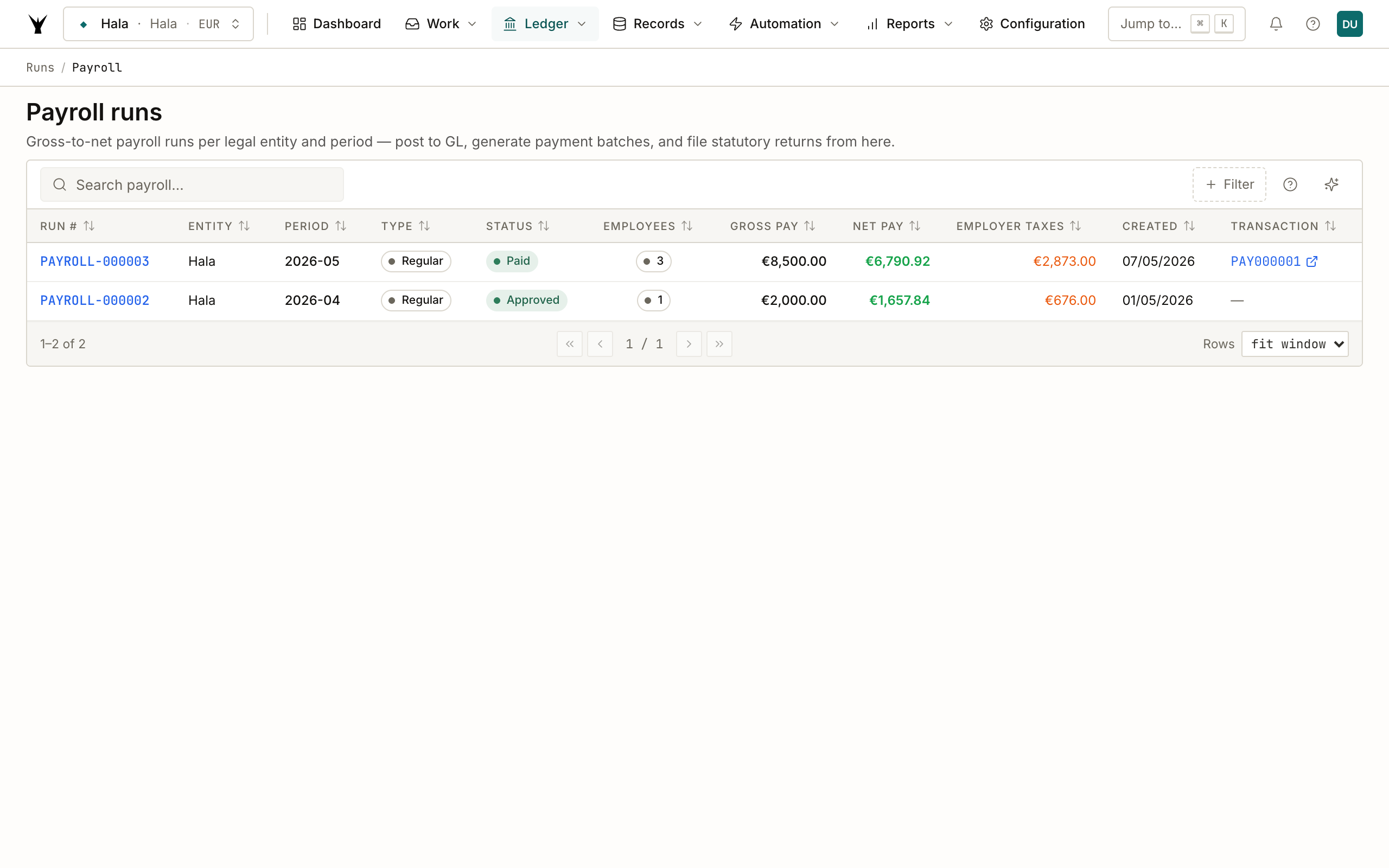 Payroll runs list showing PAYROLL-000003 with status Paid, 3 employees, €8,500 gross, €6,790.92 net, posted to PAY000001