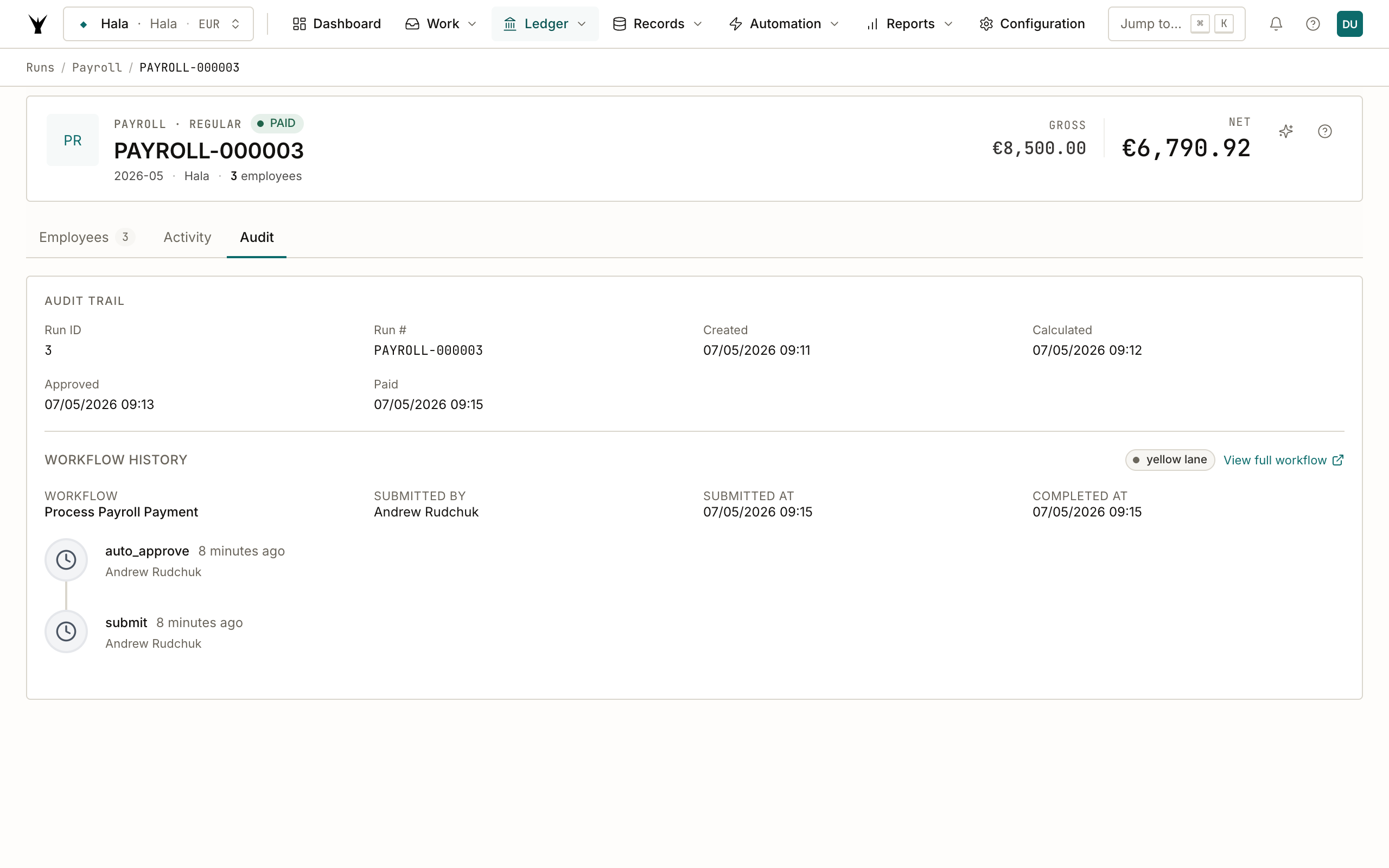 Payroll run audit tab showing the workflow timeline: created, calculated by Claude (yellow lane), approved by user, posted to GL, payment proposal created — each step with actor and timestamp