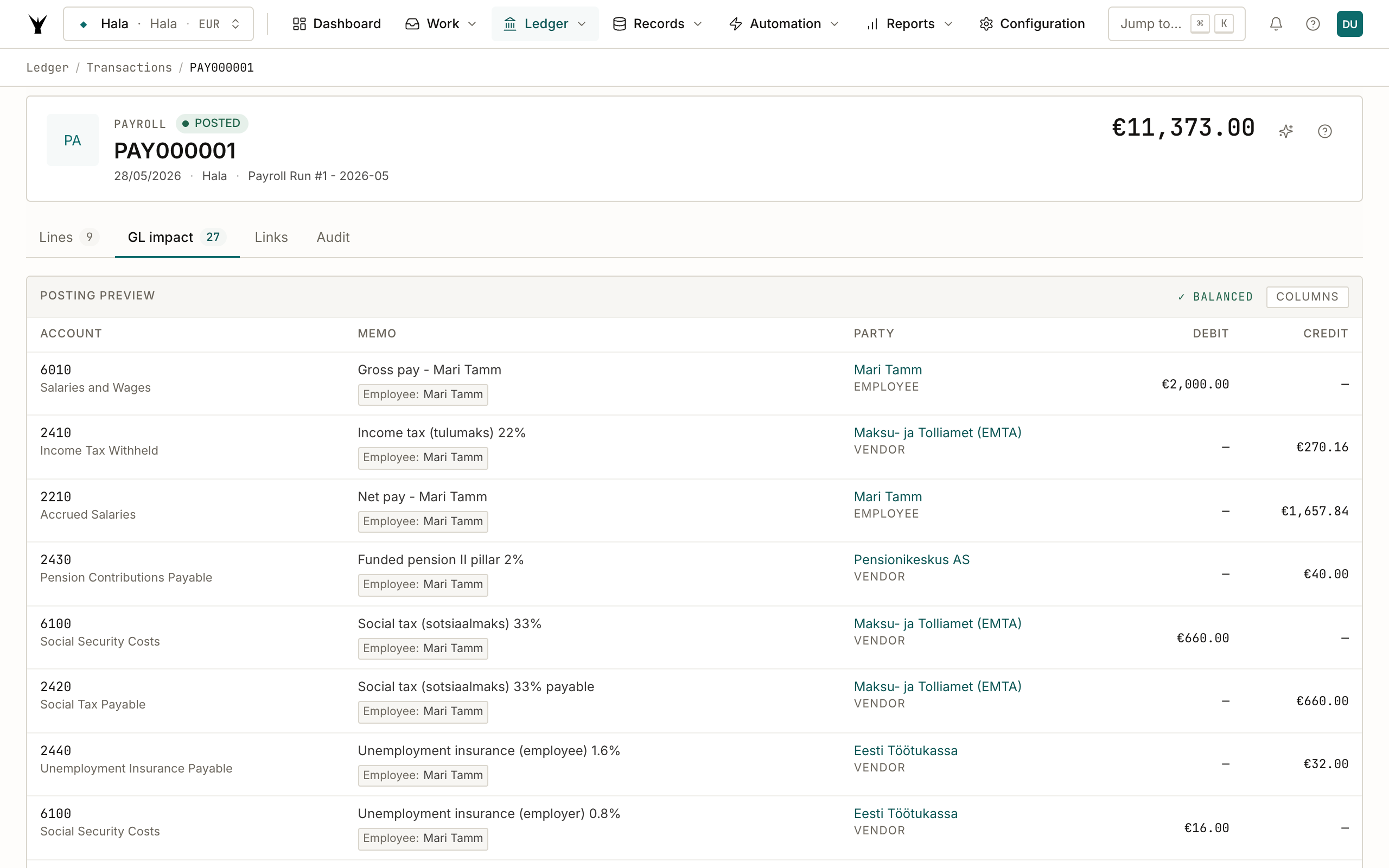 PAY000001 GL impact tab showing 27 balanced posting lines: gross pay debits to 6010 Salaries, employee deduction credits to 2410/2210/2430/2440, employer tax debits to 6100 Social Security Costs with offsetting credits to 2420/2440 payable accounts