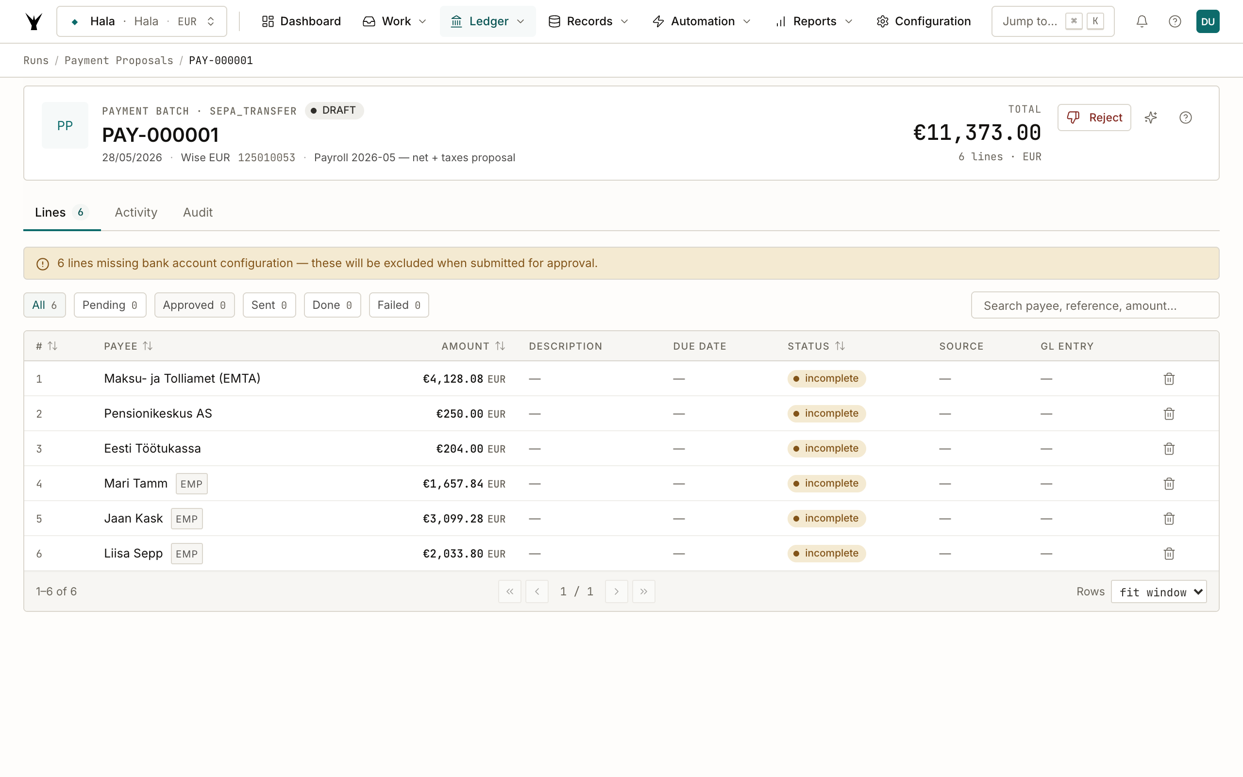 Payment proposal PAY-000001 with 6 disbursement lines: EMTA €4,128.08, Pensionikeskus €250, Töötukassa €204, plus three employee net-pay transfers (Mari Tamm €1,657.84, Jaan Kask €3,099.28, Liisa Sepp €2,033.80)