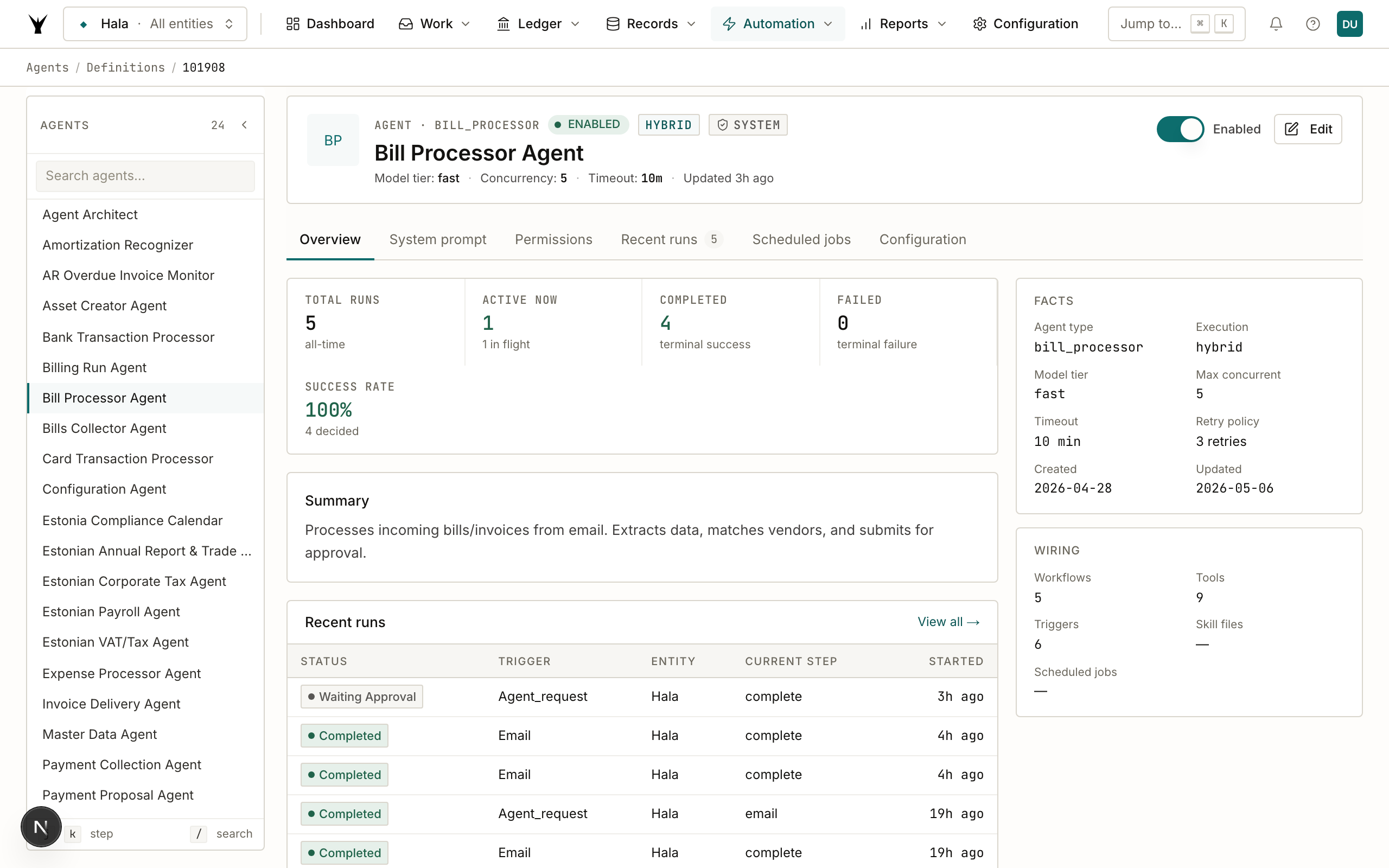 Detail view of the Bill Processor agent showing configuration, mode, and trigger settings