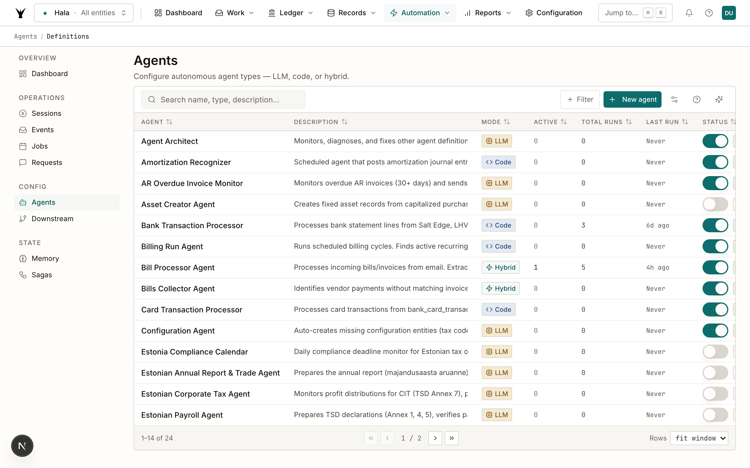Agent definitions list showing all agents with status badges