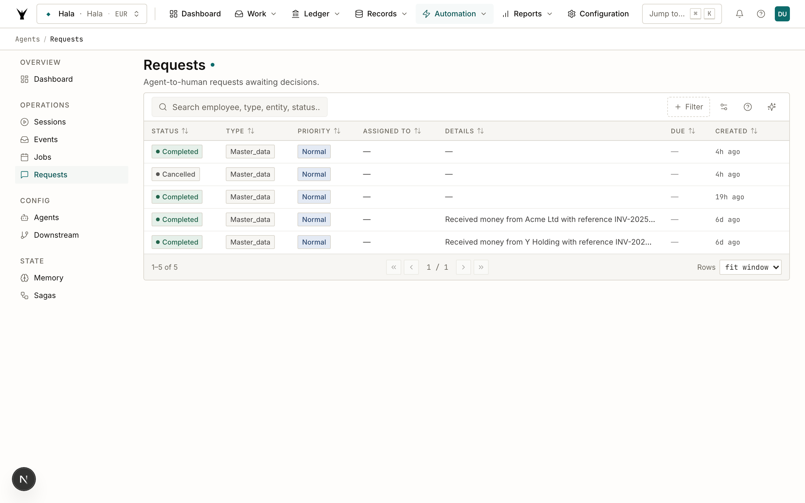 Agent requests queue showing open escalations with context, suggested actions, and response interface
