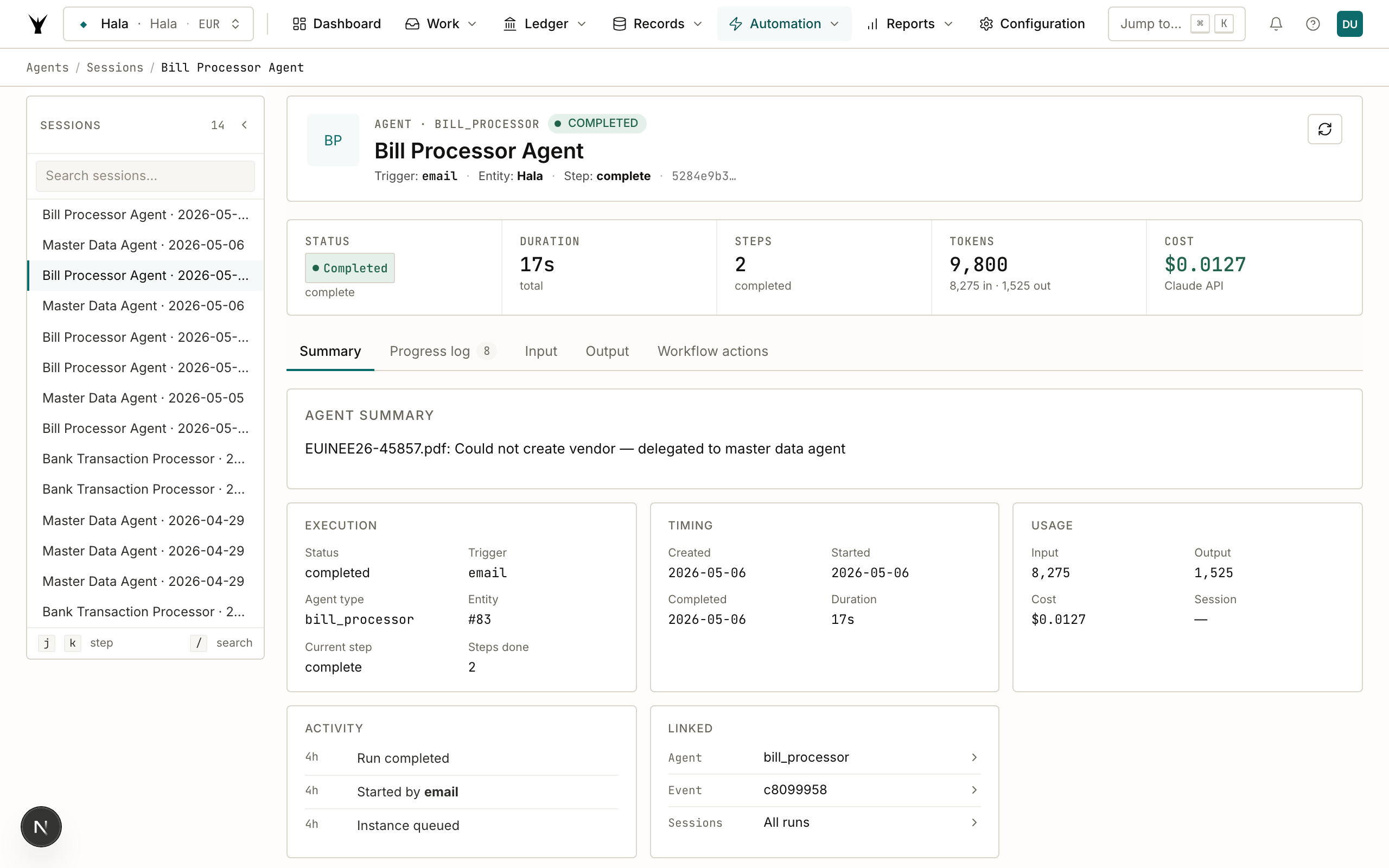 Session detail for a Billing Run Agent showing the step-by-step progress log with tool calls and outputs