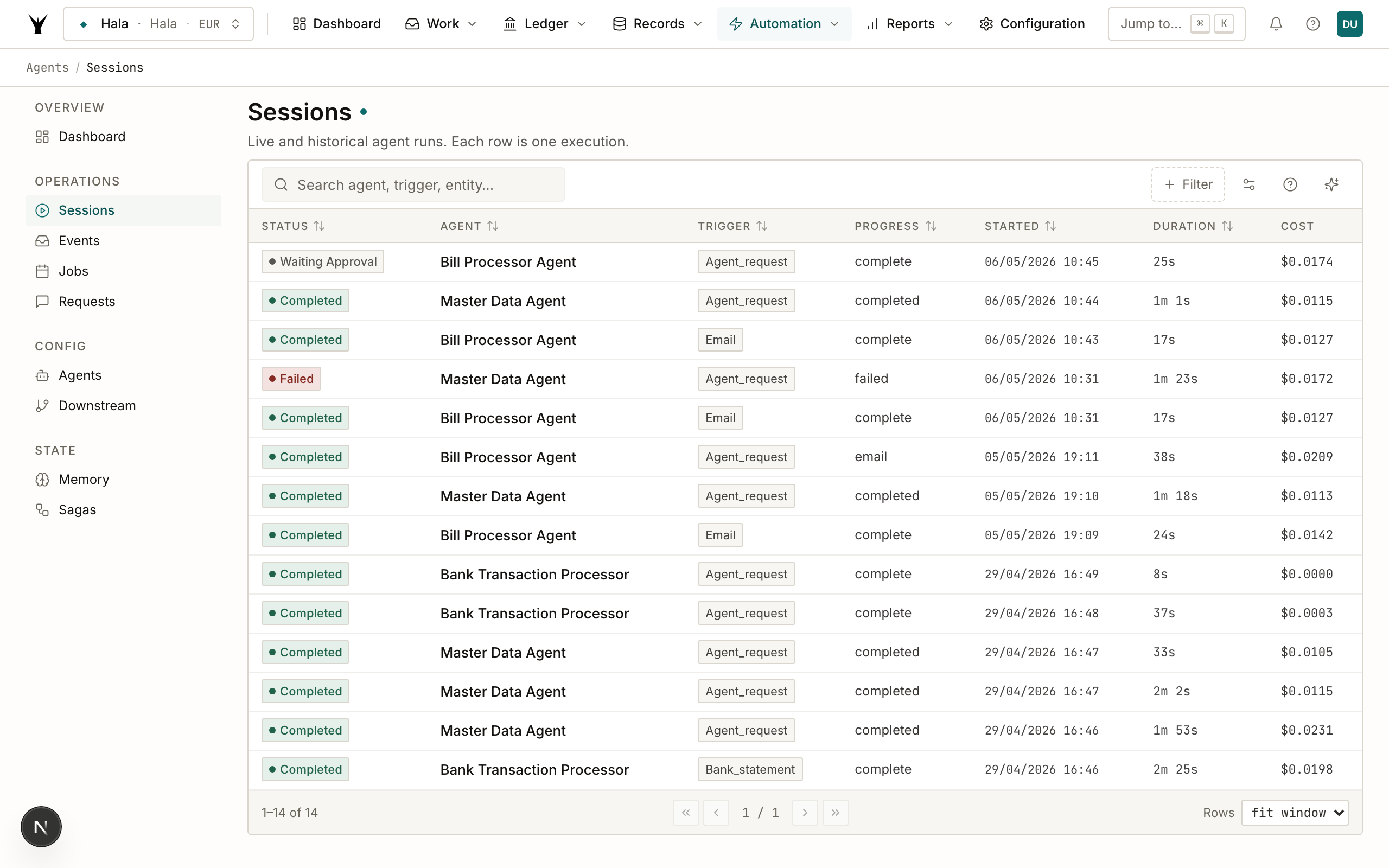 Sessions list showing completed and failed agent runs with duration, cost, and status