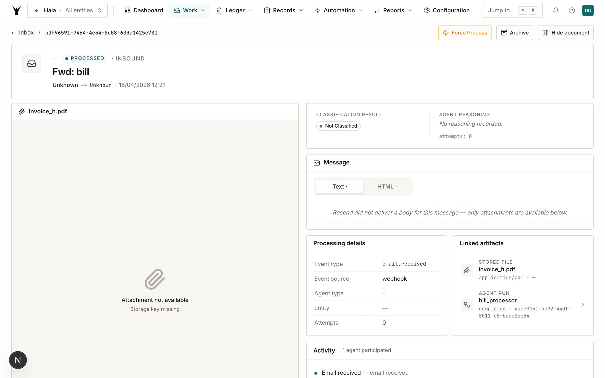 Communication detail showing the forwarded Anthropic invoice, spam classification, and the agent's processing result
