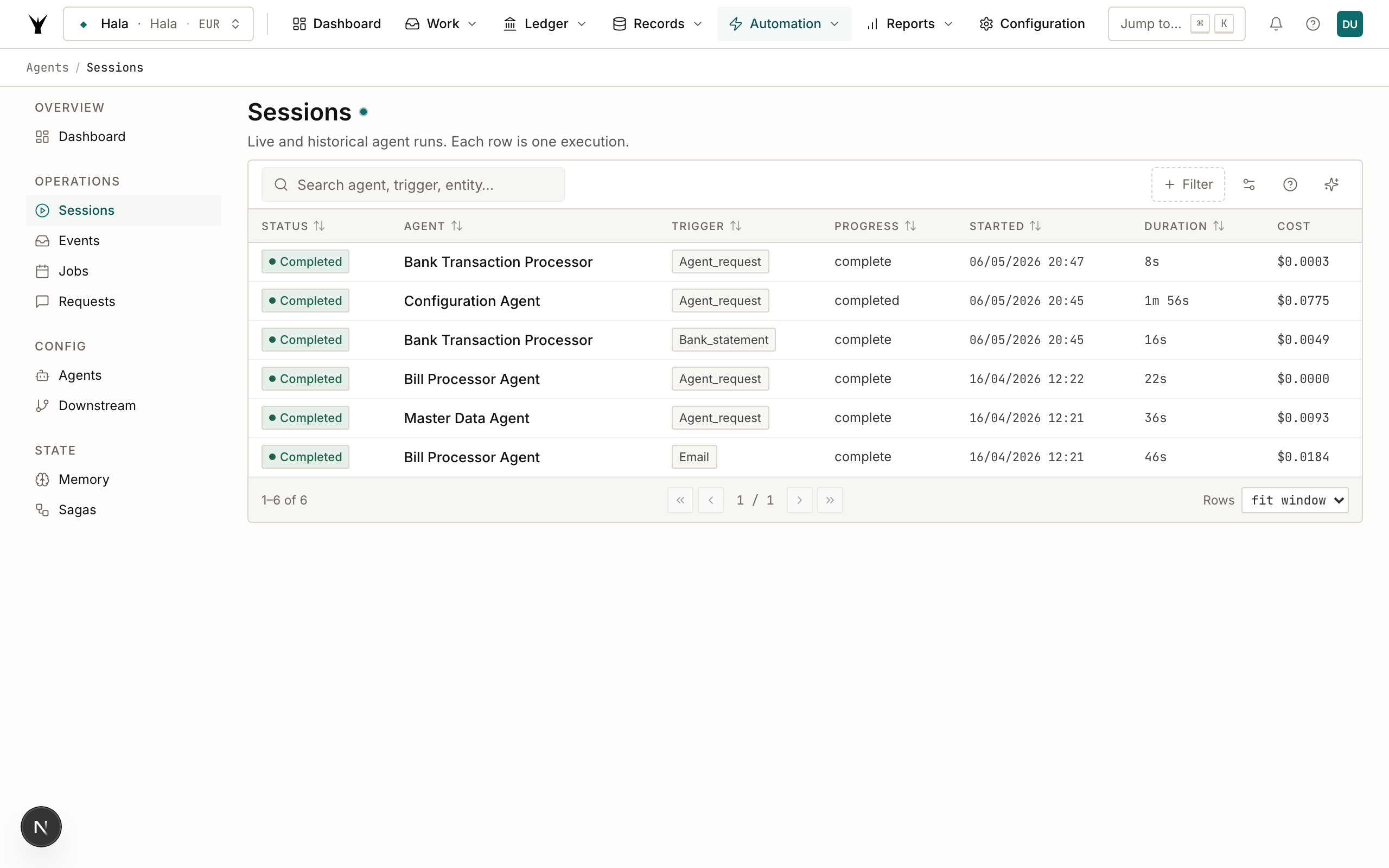 Agents Sessions list showing two bill_processor runs and one master_data_agent run, all completed