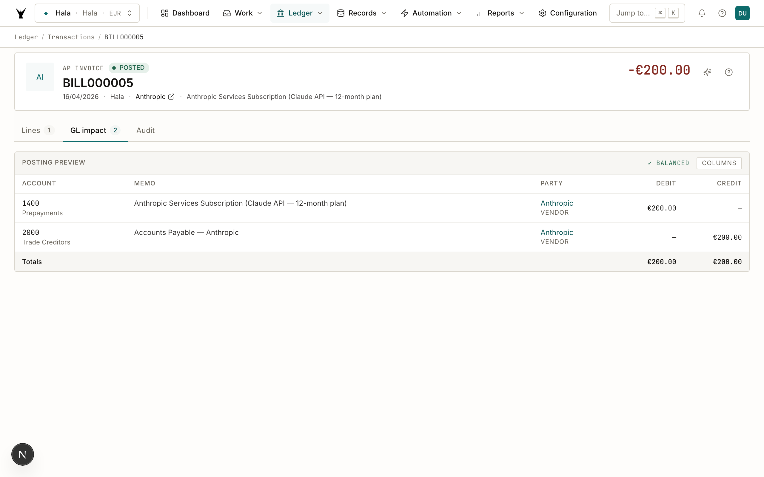 BILL000021 GL Impact tab showing DR 1400 Prepayments €200, CR 2000 AP €200