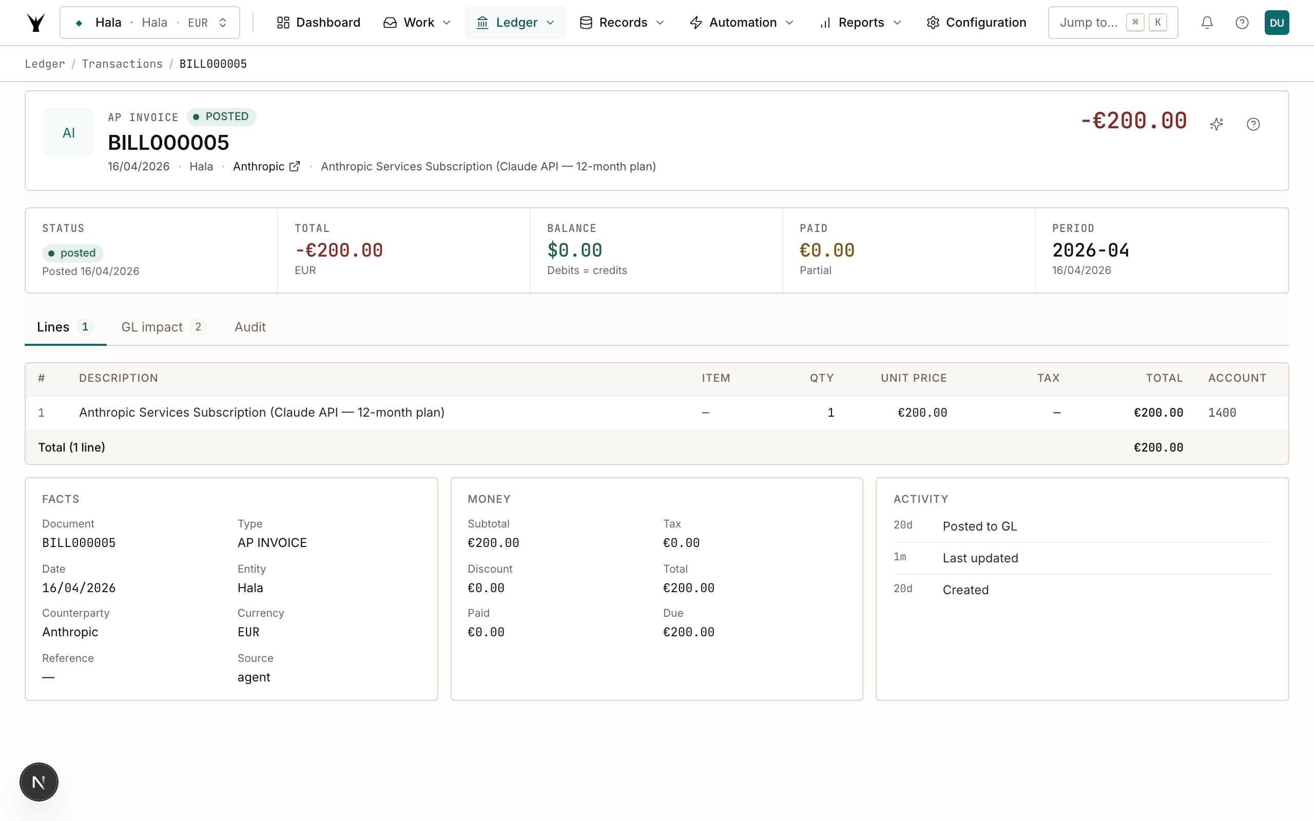 BILL000021 header with the Anthropic subscription line routed to 1400 Prepayments