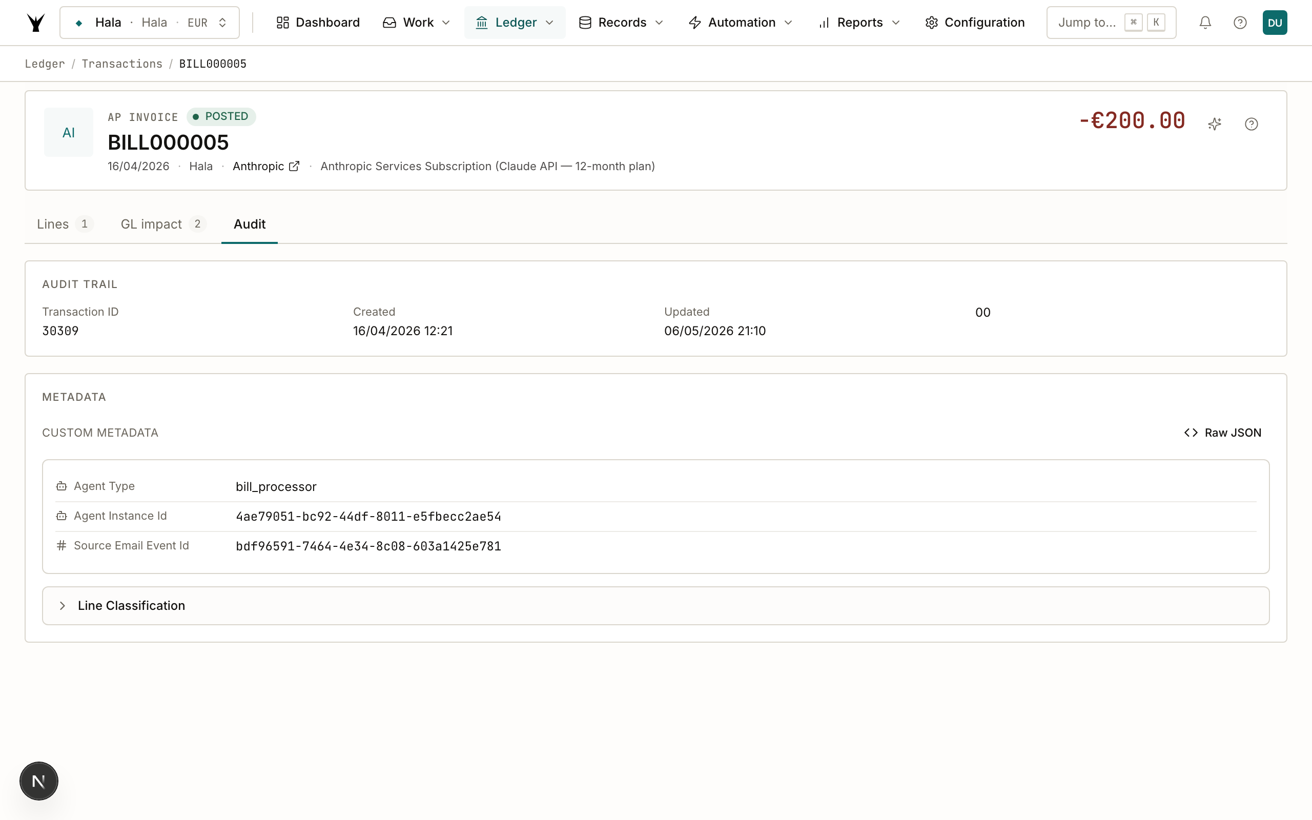 BILL000021 Audit tab showing metadata.line_classification with the prepaid reasoning