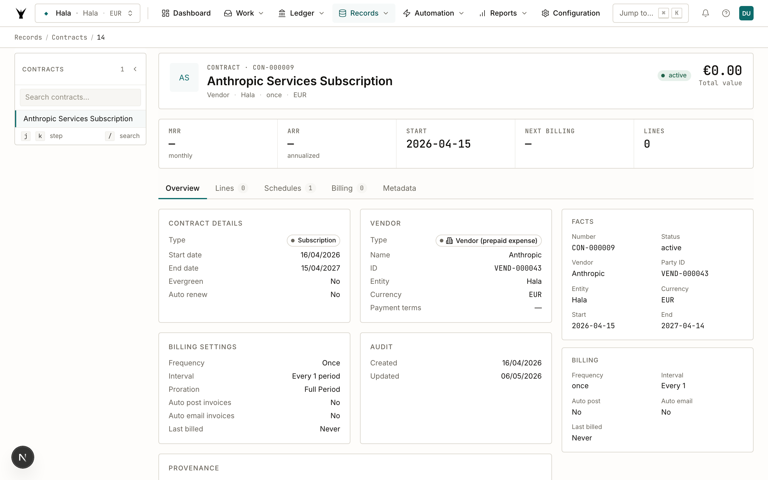 Contract CON-000009 Overview tab with audit names and Provenance panel