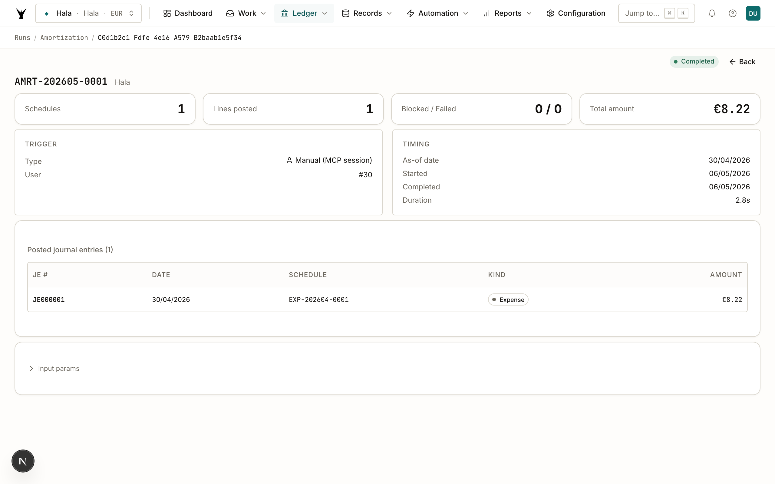 Amortization run detail showing 1 line posted, €8.22 amount, JE000031 link
