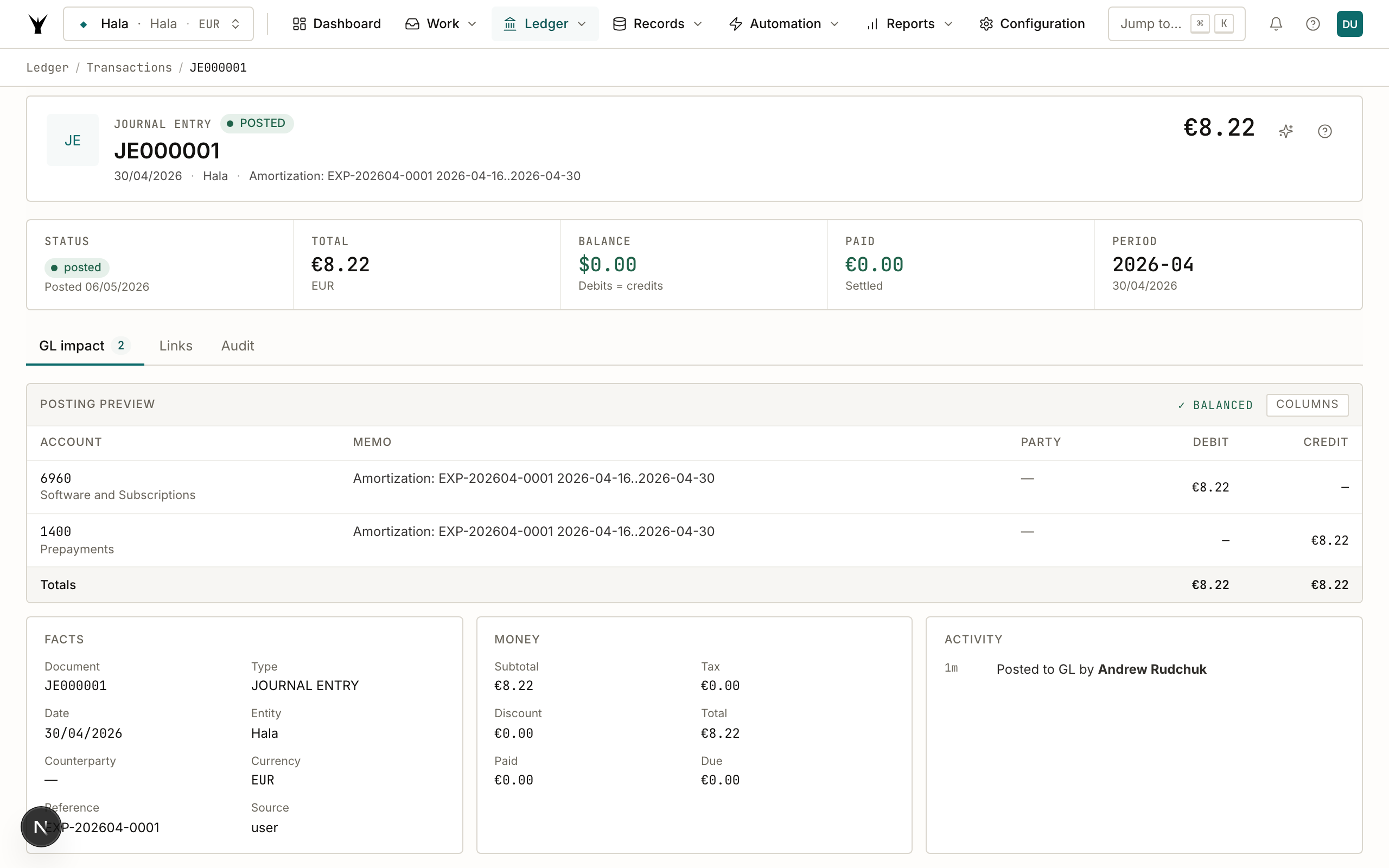 JE000031 showing DR 6960 €8.22, CR 1400 €8.22 with the schedule link