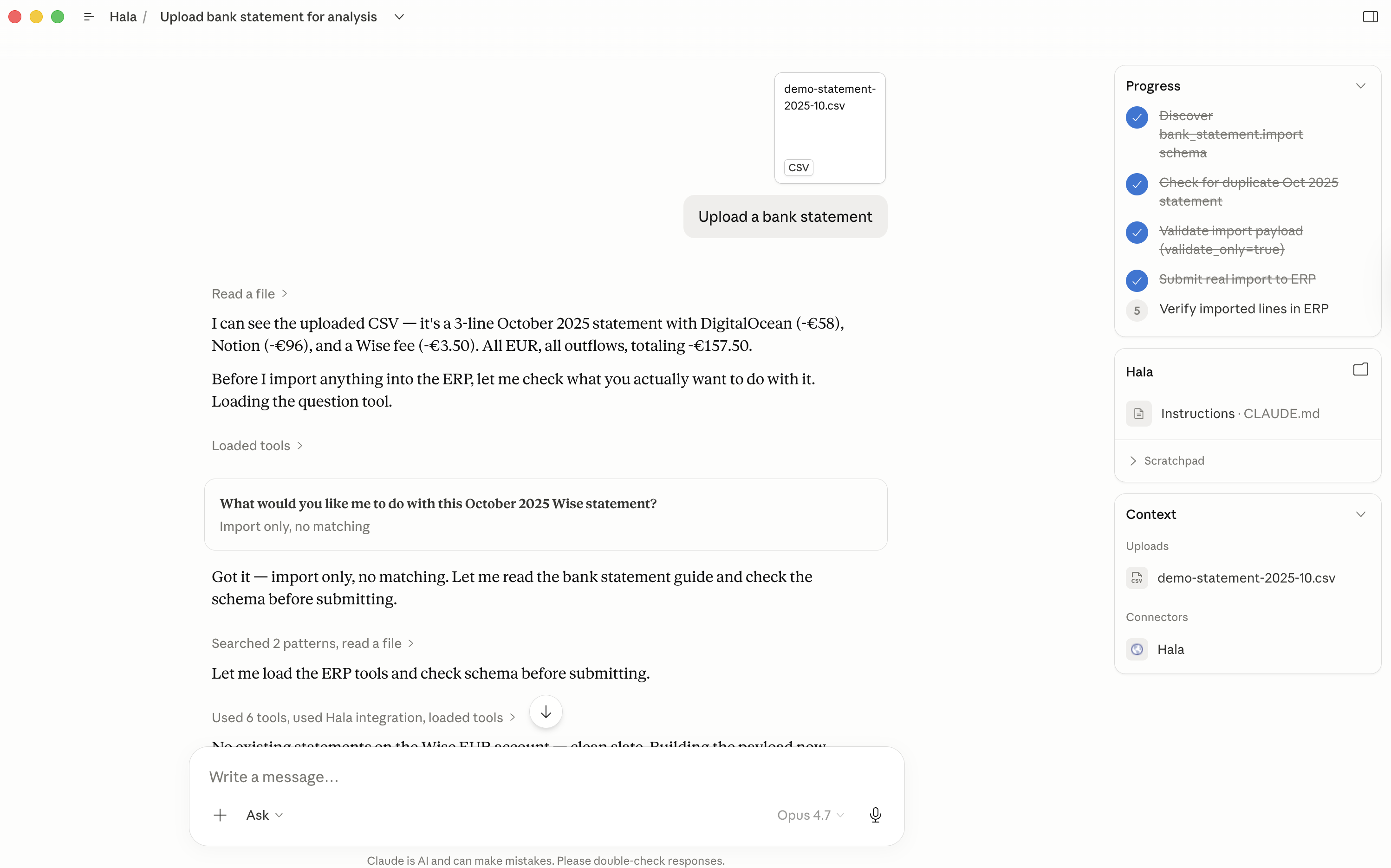 Claude.ai conversation with the bank statement CSV attached and the import prompt typed
