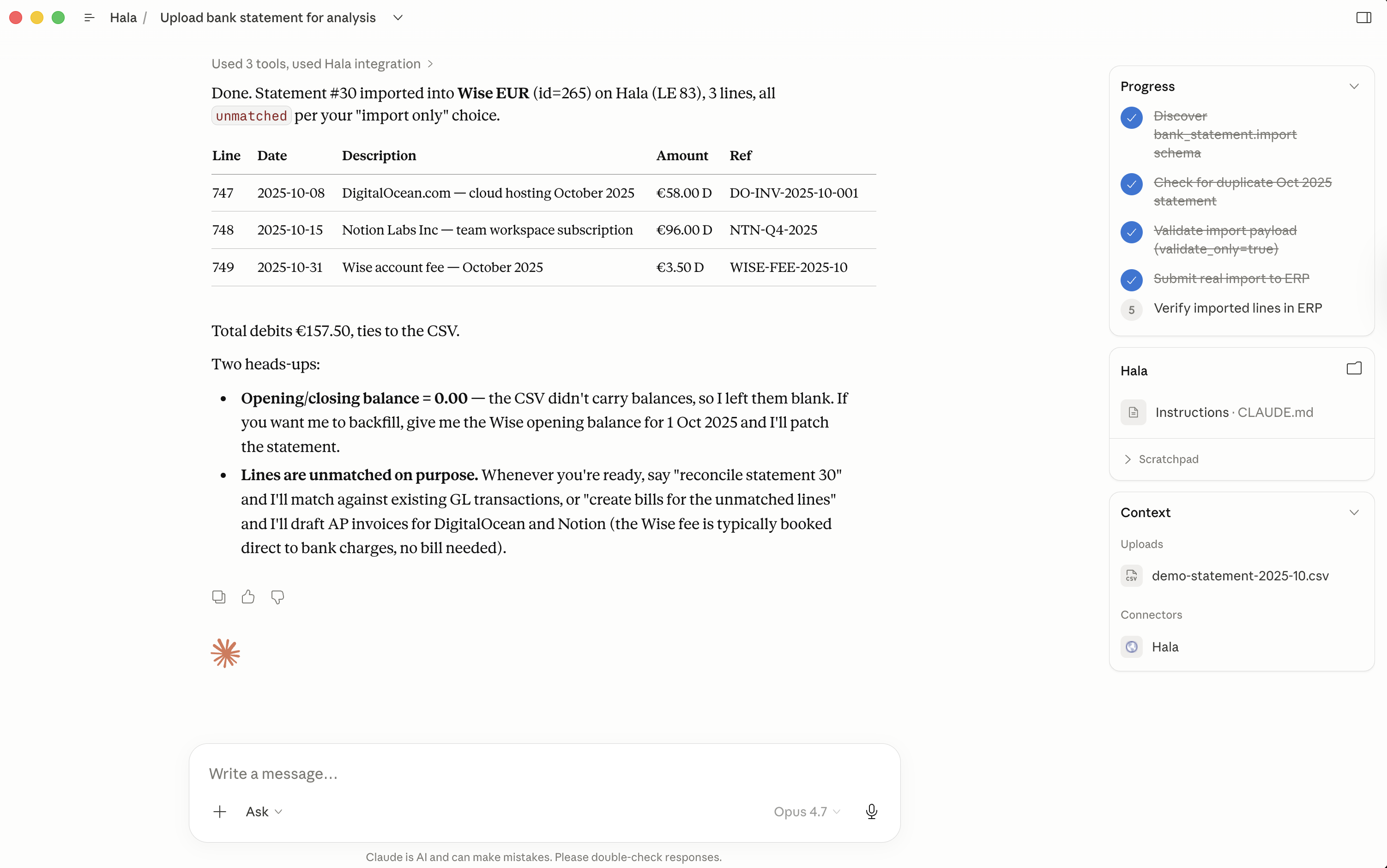 Claude.ai showing the imported statement summary — 3 lines, totals tied to the CSV