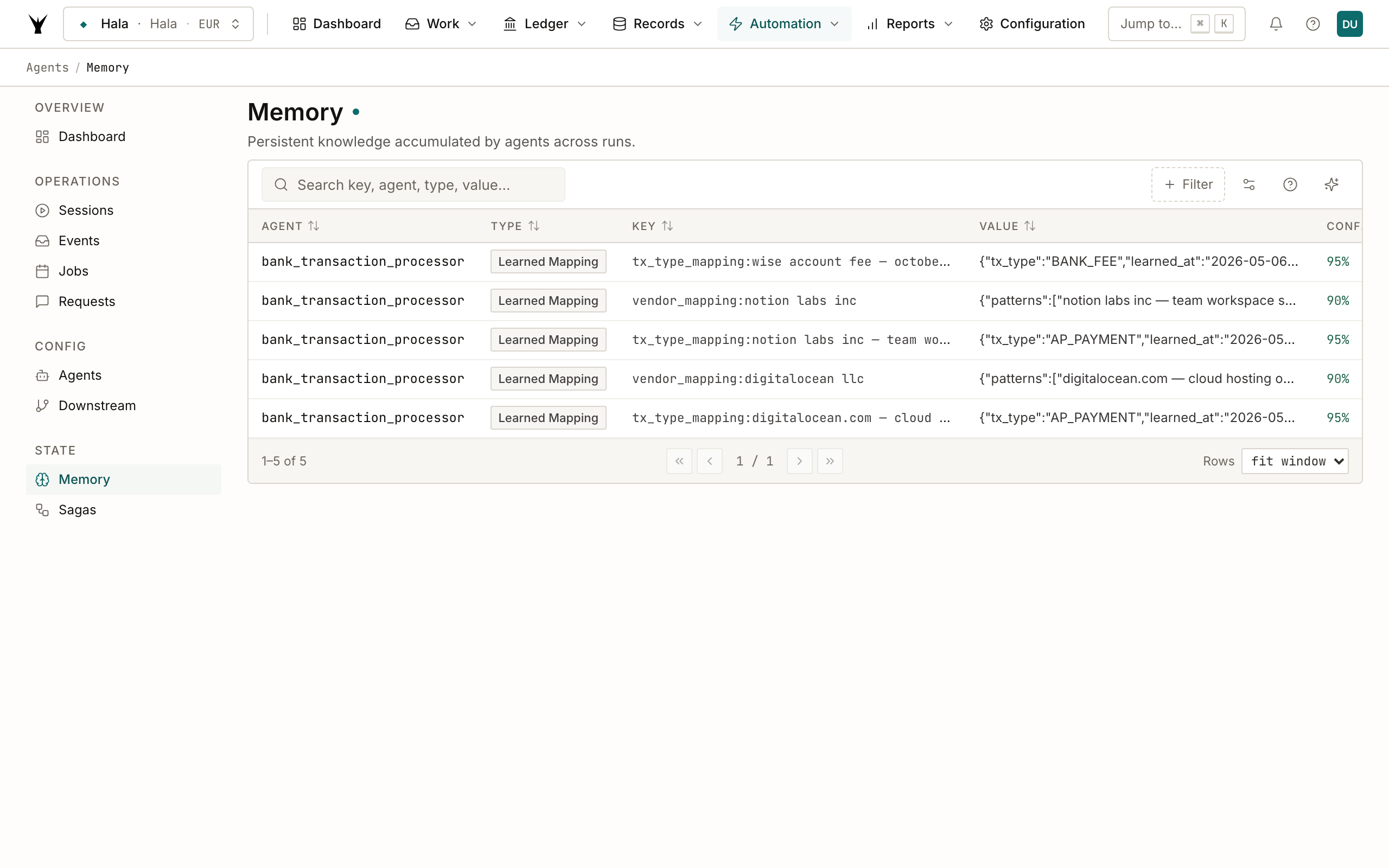 Agent Memory page showing the new mappings learned from this statement