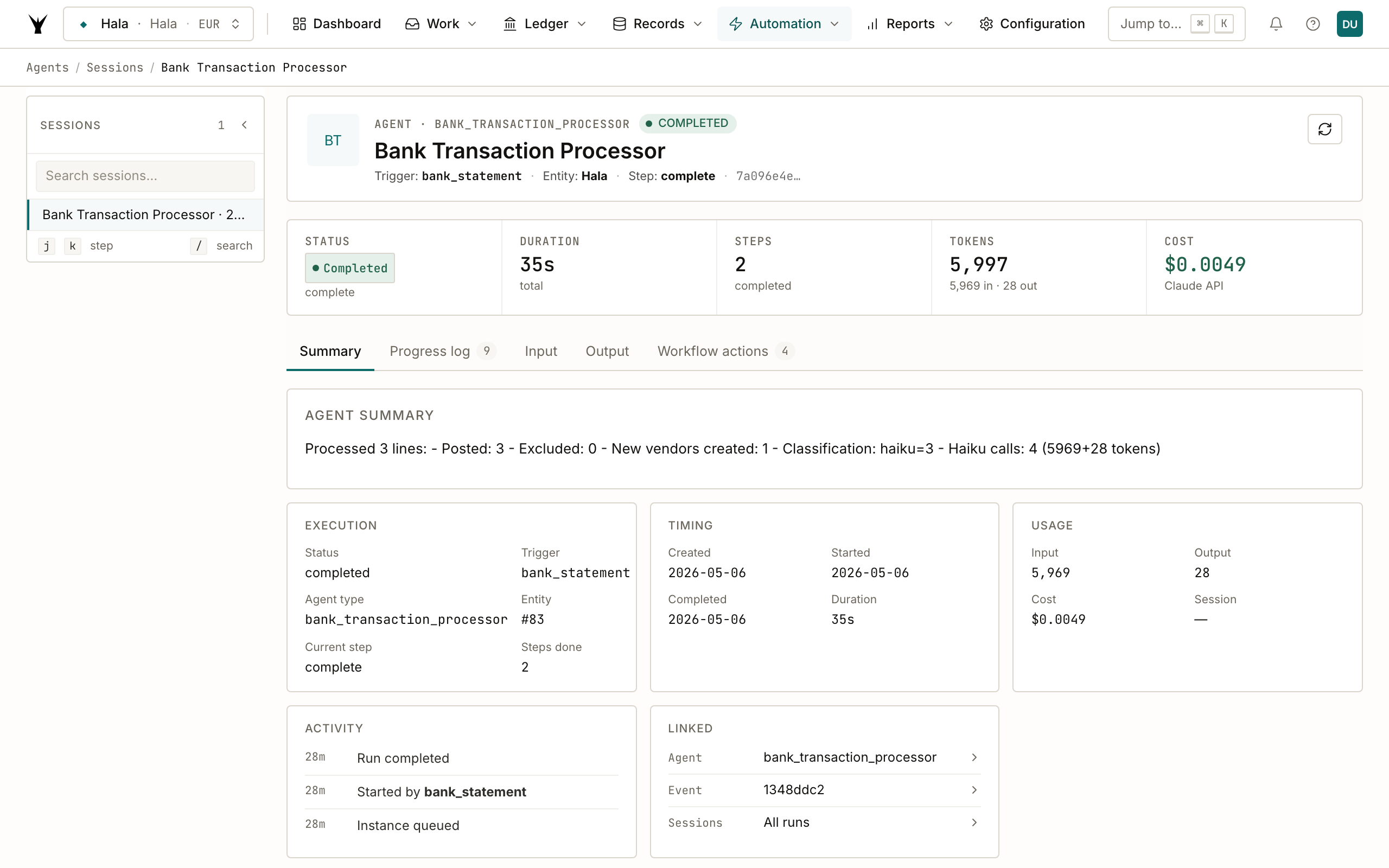 Bank Transaction Processor session detail — 35s, 3 lines posted, 1 new vendor, $0.005 cost