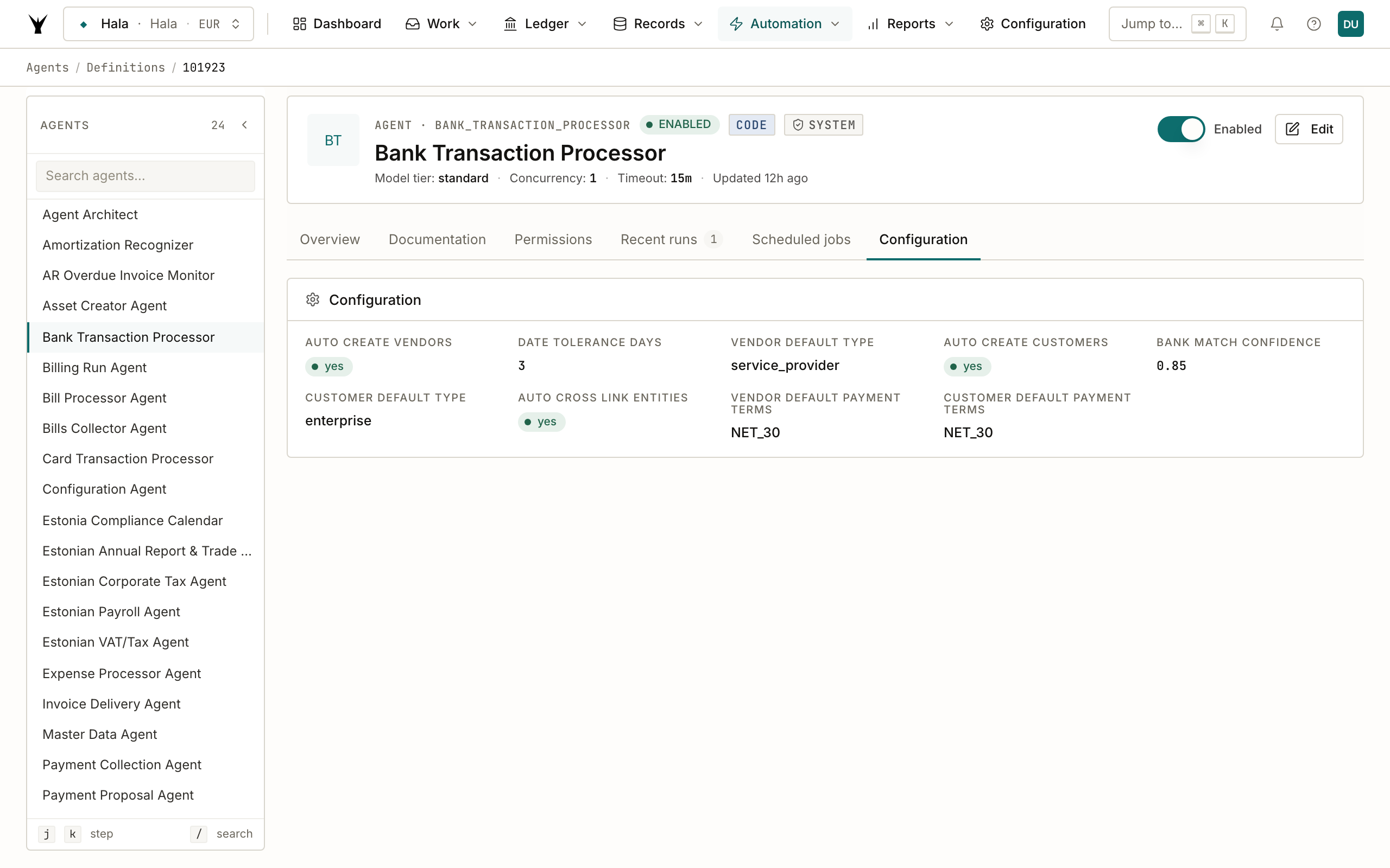 Configuration showing auto-creation settings, confidence thresholds, and default payment terms