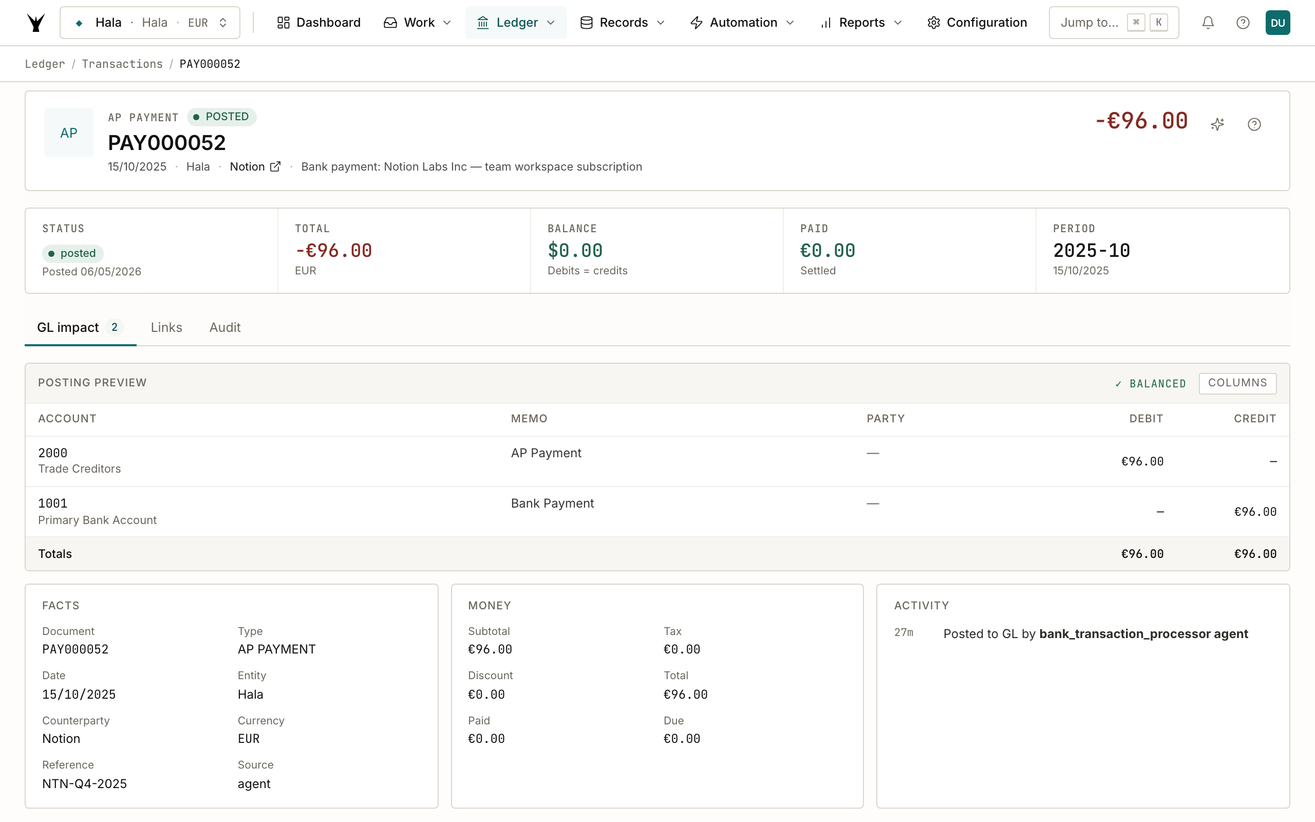 PAY000052 showing DR 2000 Trade Creditors / CR 1001 Primary Bank Account, balanced, posted by bank_transaction_processor