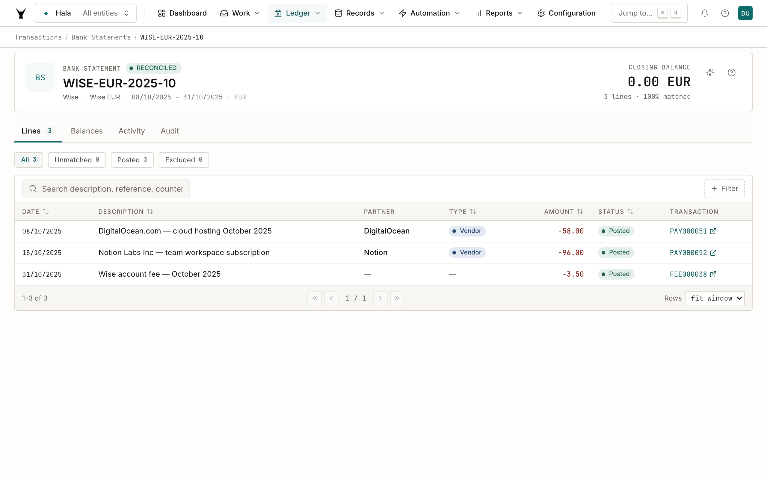 Statement detail showing all three lines posted and linked to AP_PAYMENT and BANK_FEE transactions