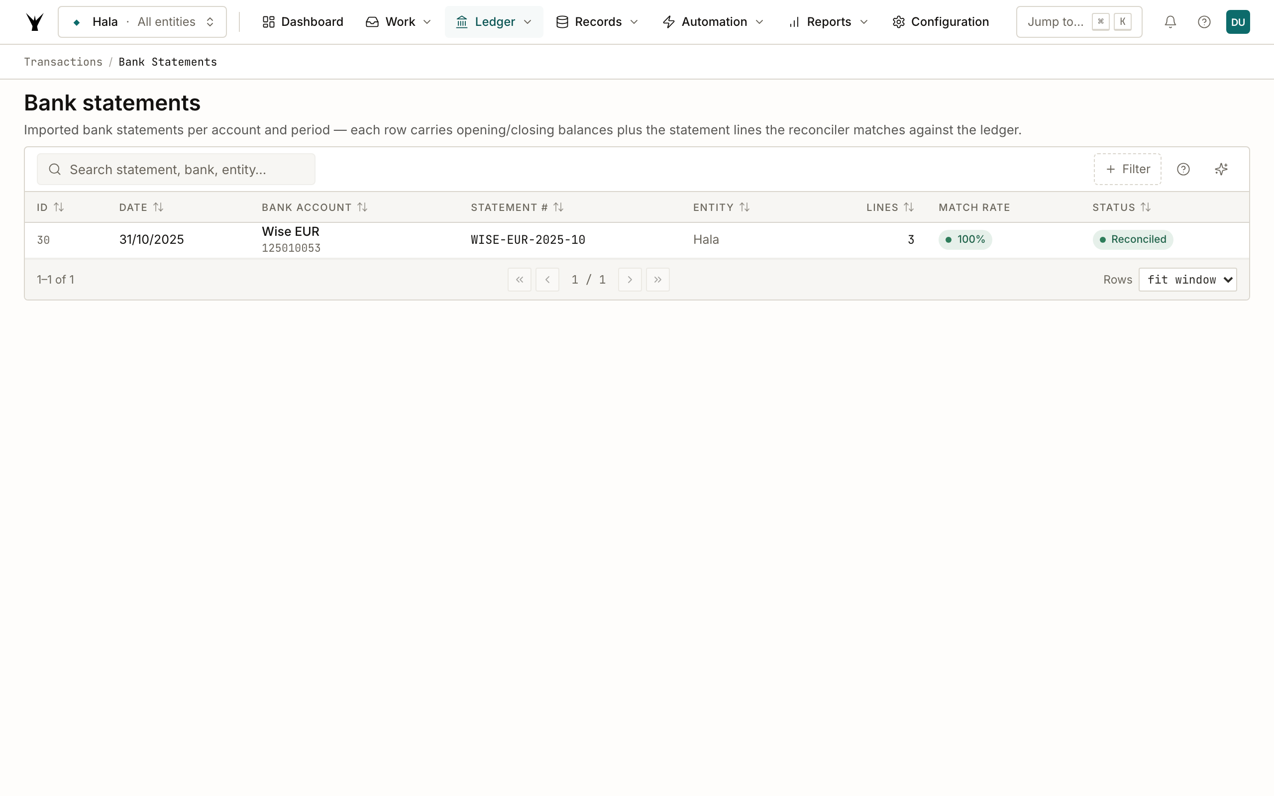 Bank Statements list showing the imported WISE-EUR-2025-10 statement at 100% match rate