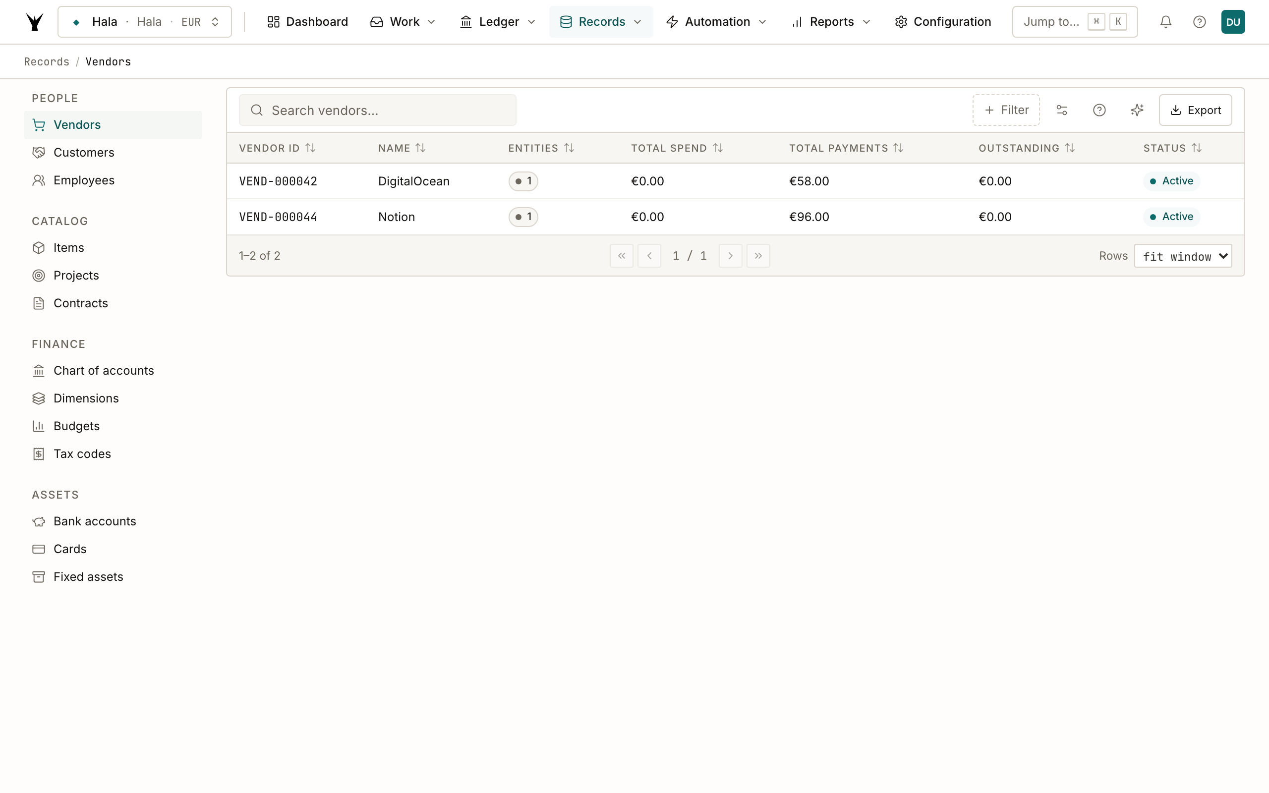 Vendors list showing DigitalOcean (€58 paid) and Notion (€96 paid) for Hala