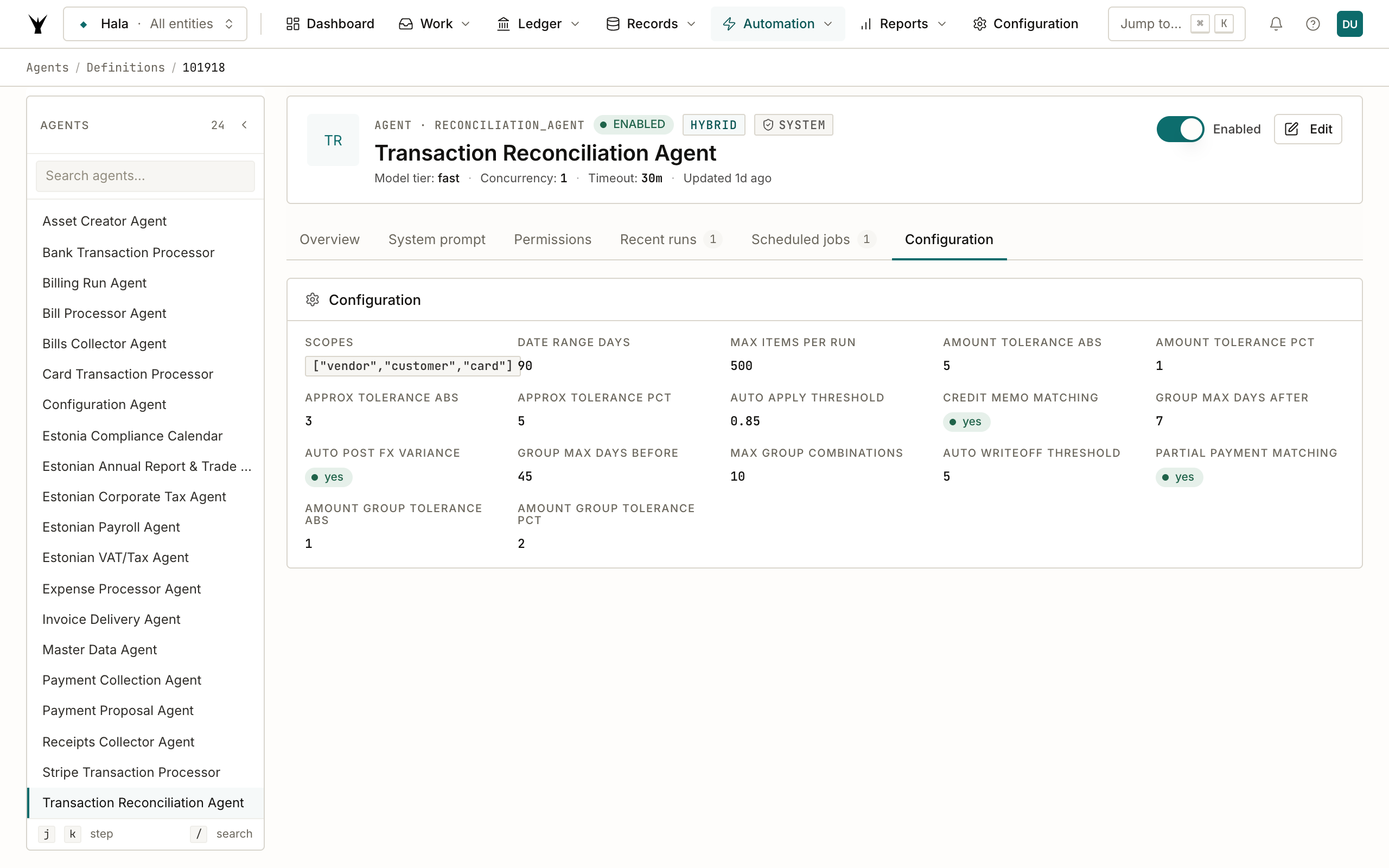Reconciliation agent configuration showing tolerances (€5 / 1% exact, €3 / 5% approx), date_range_days 90, max_items 500, scopes vendor + customer + card, group settings, and the partial_payment_matching flag