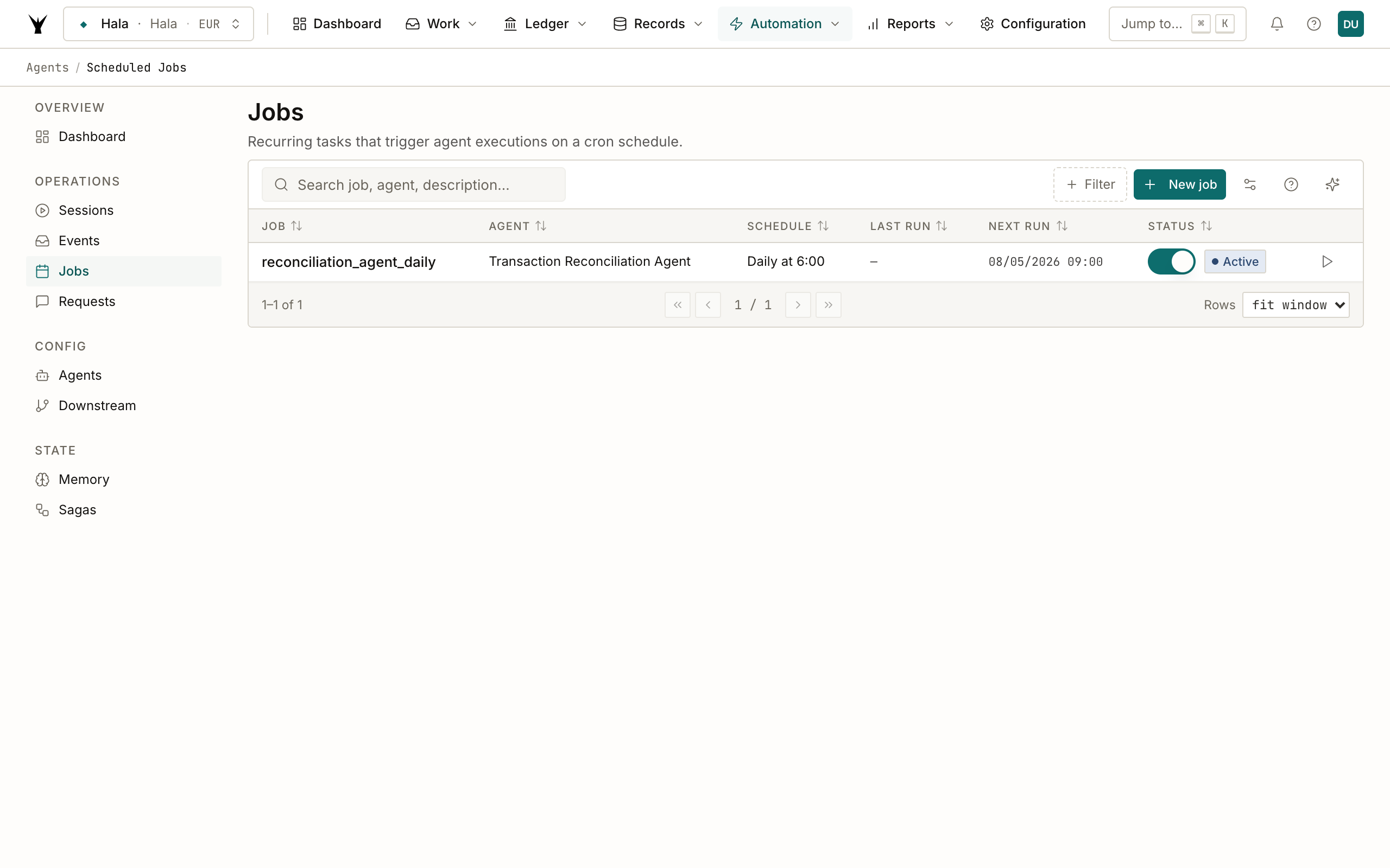 Scheduled Jobs page showing the new reconciliation_agent_daily job — Transaction Reconciliation Agent, Daily at 6:00, status Active, next run tomorrow at 09:00