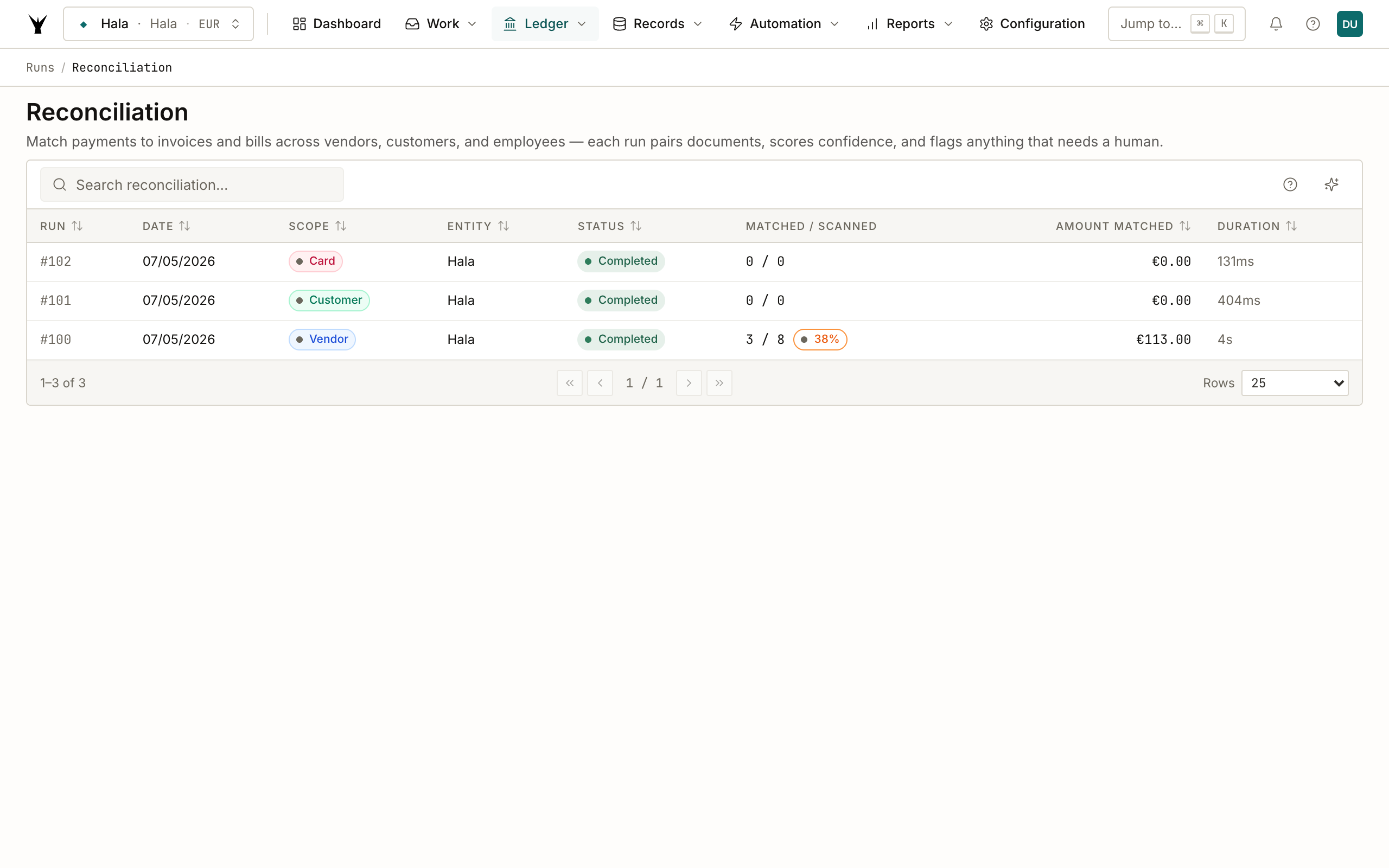 Reconciliation runs list showing three runs: #100 Vendor with 3/8 matched at 38%, €113.00 amount, 4s duration; #101 Customer 0/0; #102 Card 0/0