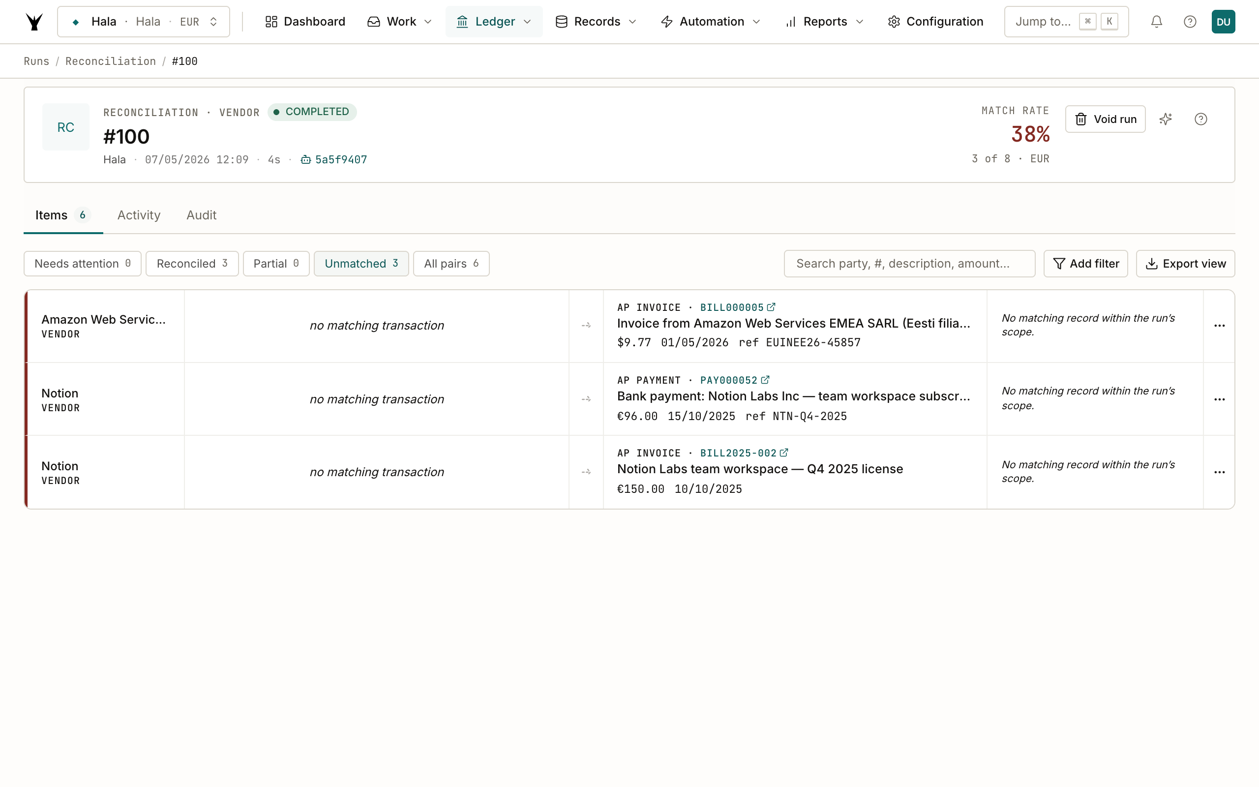Run #100 detail page filtered to unmatched — shows the 3 items the agent couldn't pair: AWS €9.77 invoice, Notion €96 payment, Notion €150 invoice. Each has a 'no matching transaction' badge